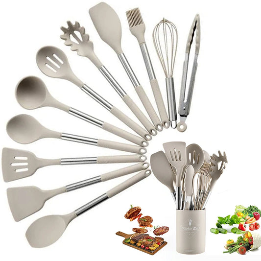 12-Piece Silicone Kitchen Cooking Utensils Set with Stainless Steel Handle